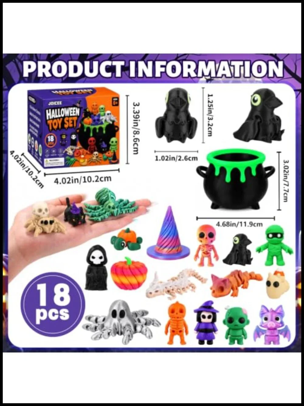 18Pcs Halloween 3D Printed Animals with Cauldron, Fidget Toys, Stress Relief